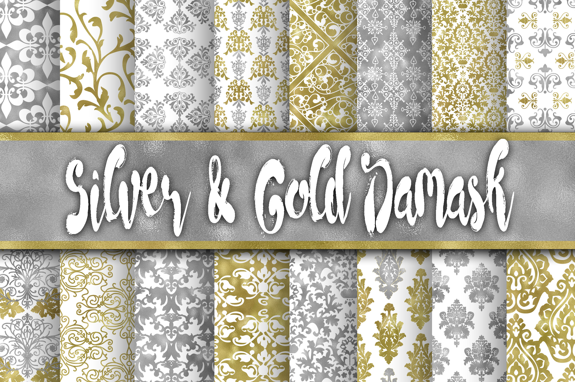 Silver and Gold Damask Digital Paper